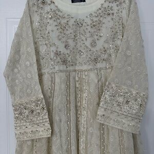 White and Gold Beaded Embroidered & Embellished Long Double Layer Dress EID